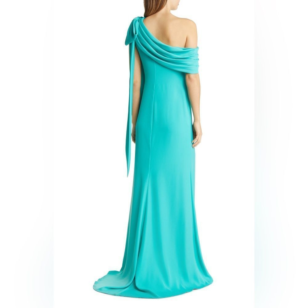 Tadashi Shoji One-Shoulder Teal Blue Crepe Bow Shoulder Column Gown Size 10 - Picture 2 of 6